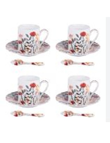 Coffret 4 Tasses Café+Cuillère 10Cl Flore