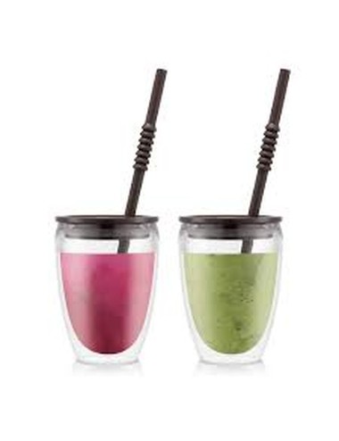 Pavina To Go Set 2 Gobelets Double Paroi Plastique, Avec Couvercle Hermétique Et Paille Silicone, 30 Cl Noir