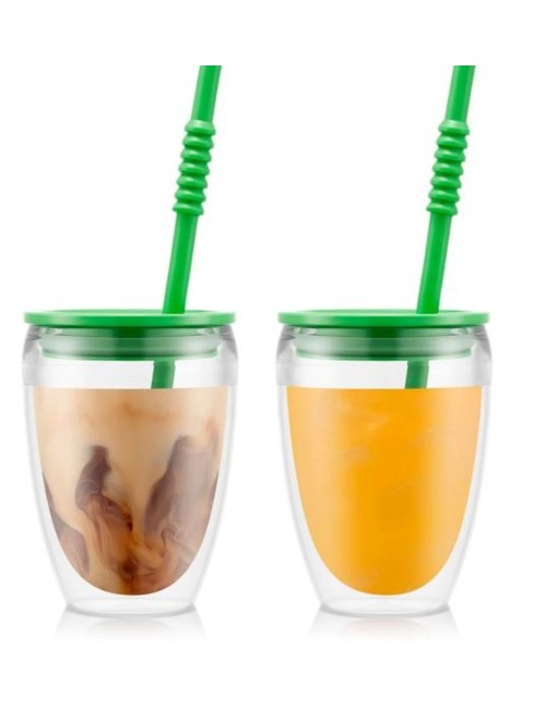 Pavina To Go Set 2 Gobelets Double Paroi Plastique, Avec Couvercle Hermétique Et Paille Silicone, 30 Cl Vert