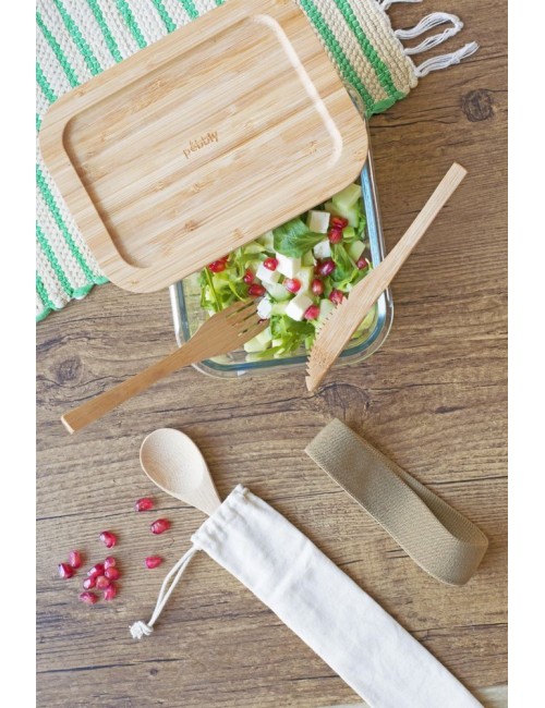 Lunch Box Nomade+Couvercle En Bambou+Couverts 1000Ml
