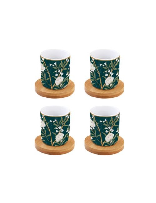 COFFRET 4 GOB A CAFE EN PROCELAINE AVEC SOUCOUPE EN BAMBOU